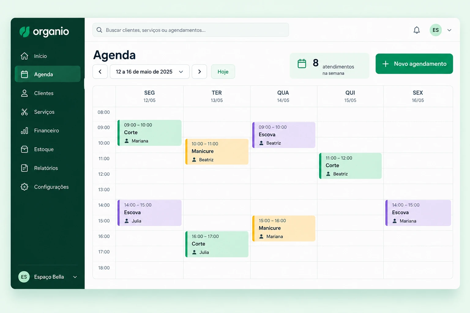 Agenda semanal do Organio com profissionais e atendimentos