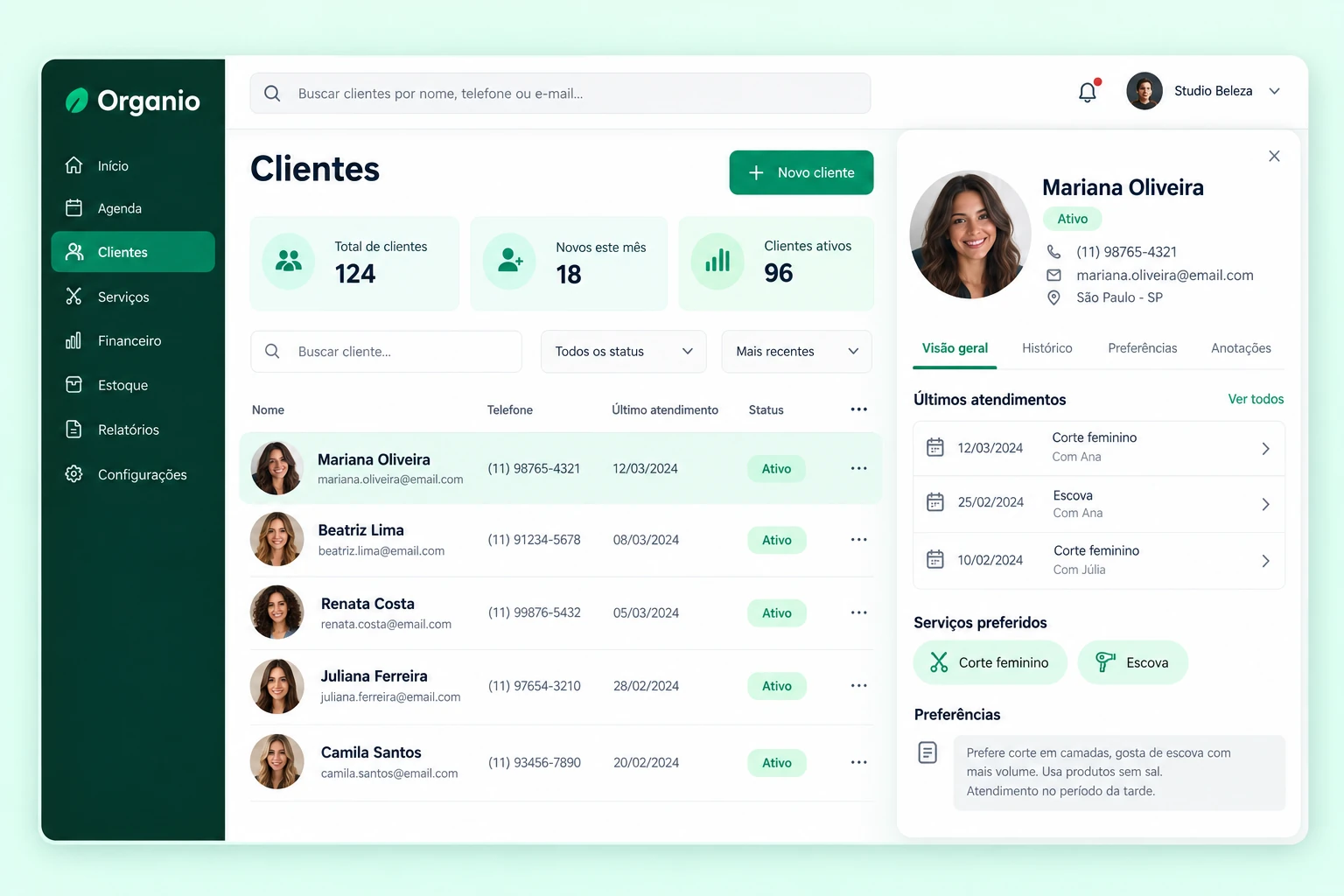 Clientes do Organio com cadastro, perfil e histórico