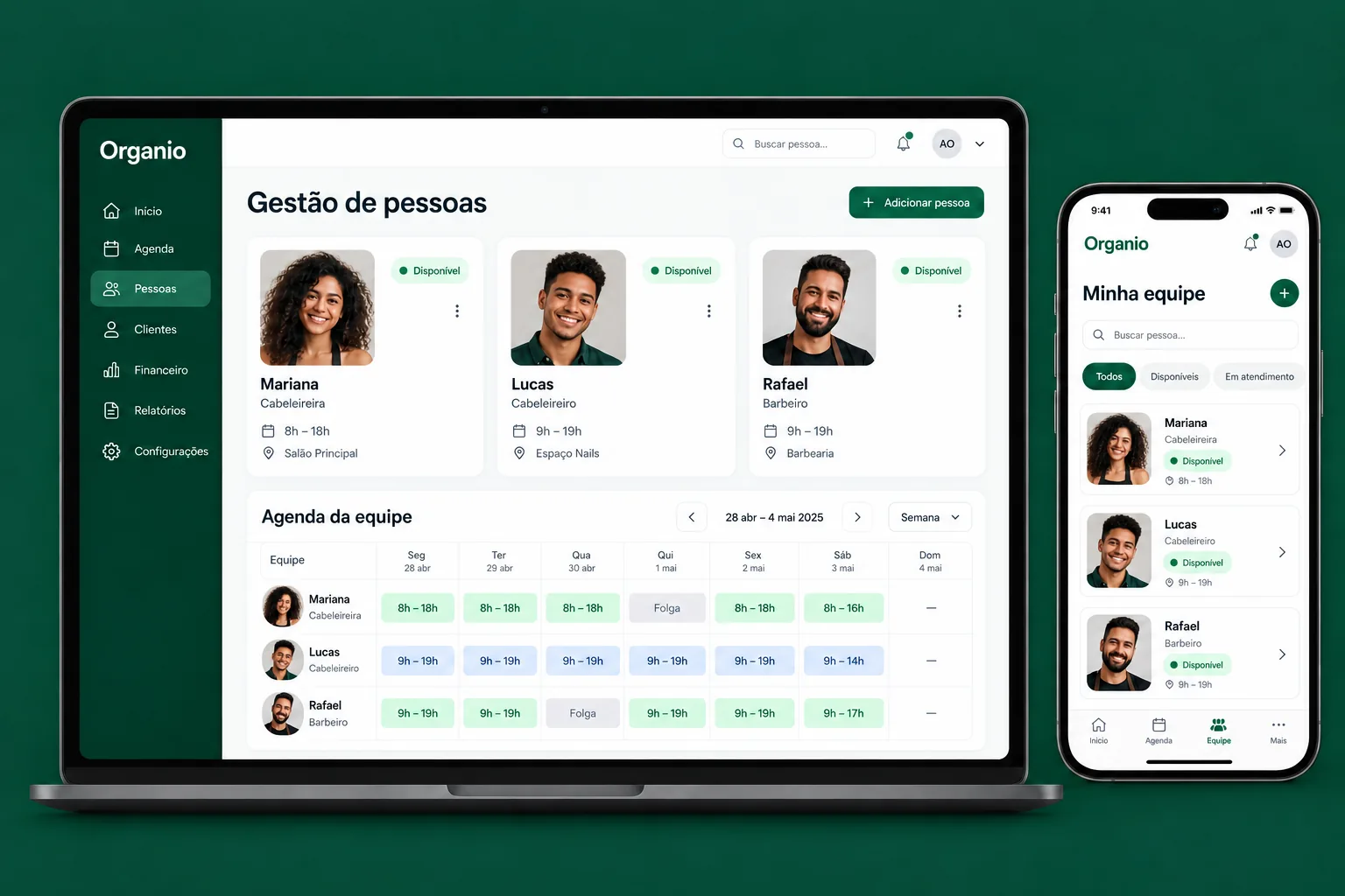 Ilustração de gestão de pessoas com perfis de profissionais, disponibilidade e agenda da equipe
