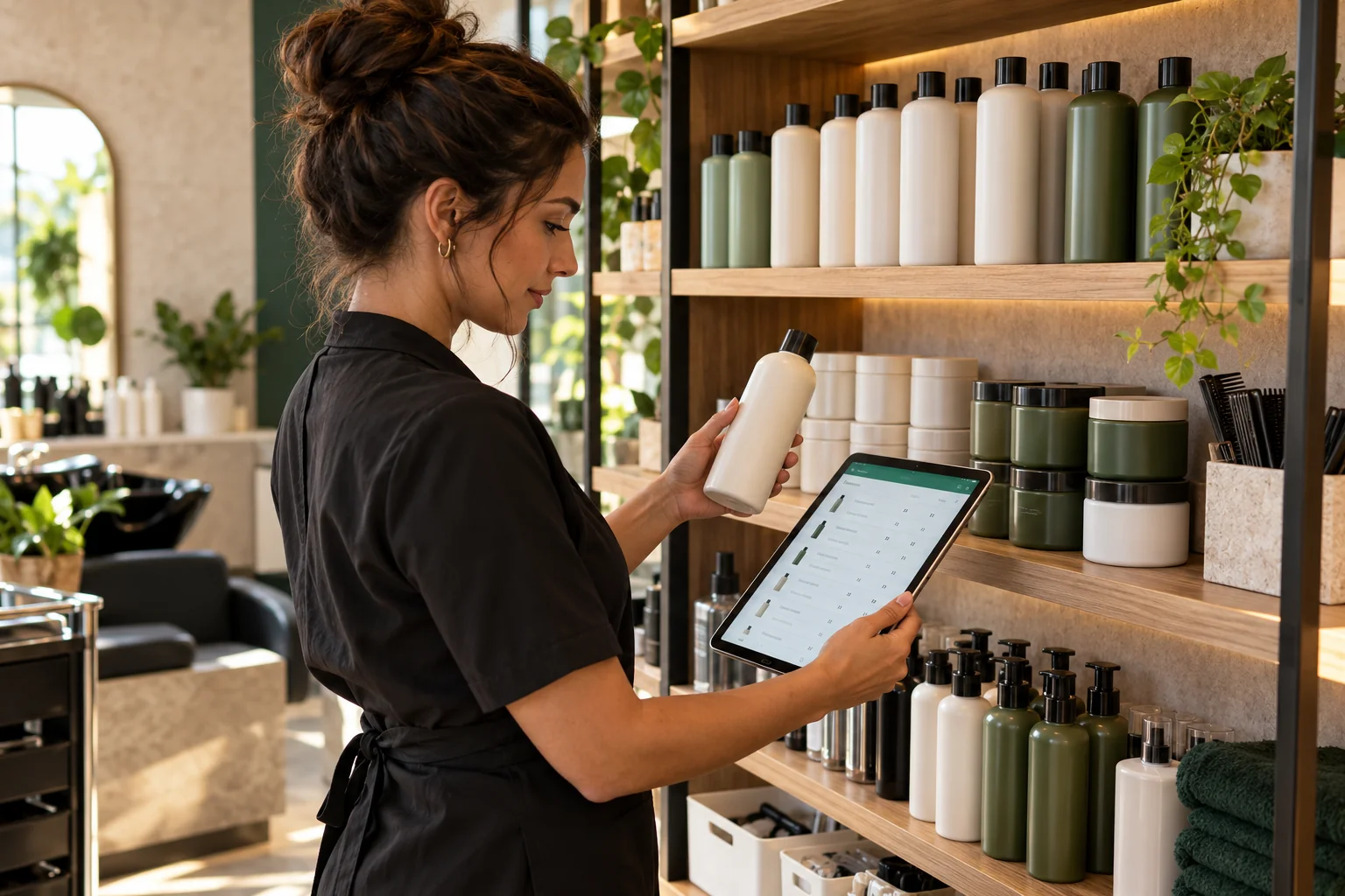 Profissional conferindo produtos de salão em uma prateleira com um tablet de controle de estoque