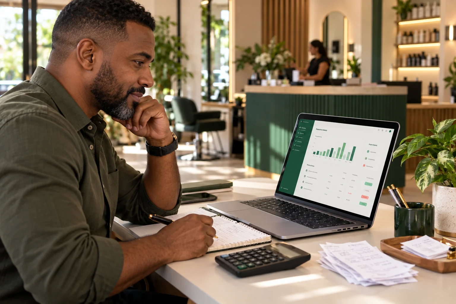 Gestor conferindo registros financeiros e gráficos em um notebook na recepção do salão
